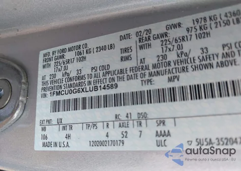 2020 Ford Escape Se z USA, uszkodzony, nr VIN 1FMCU0G6XLUB14589